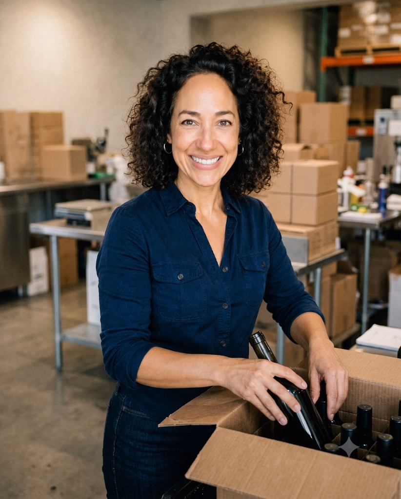Catherine Carter packing wine bottles at the winery