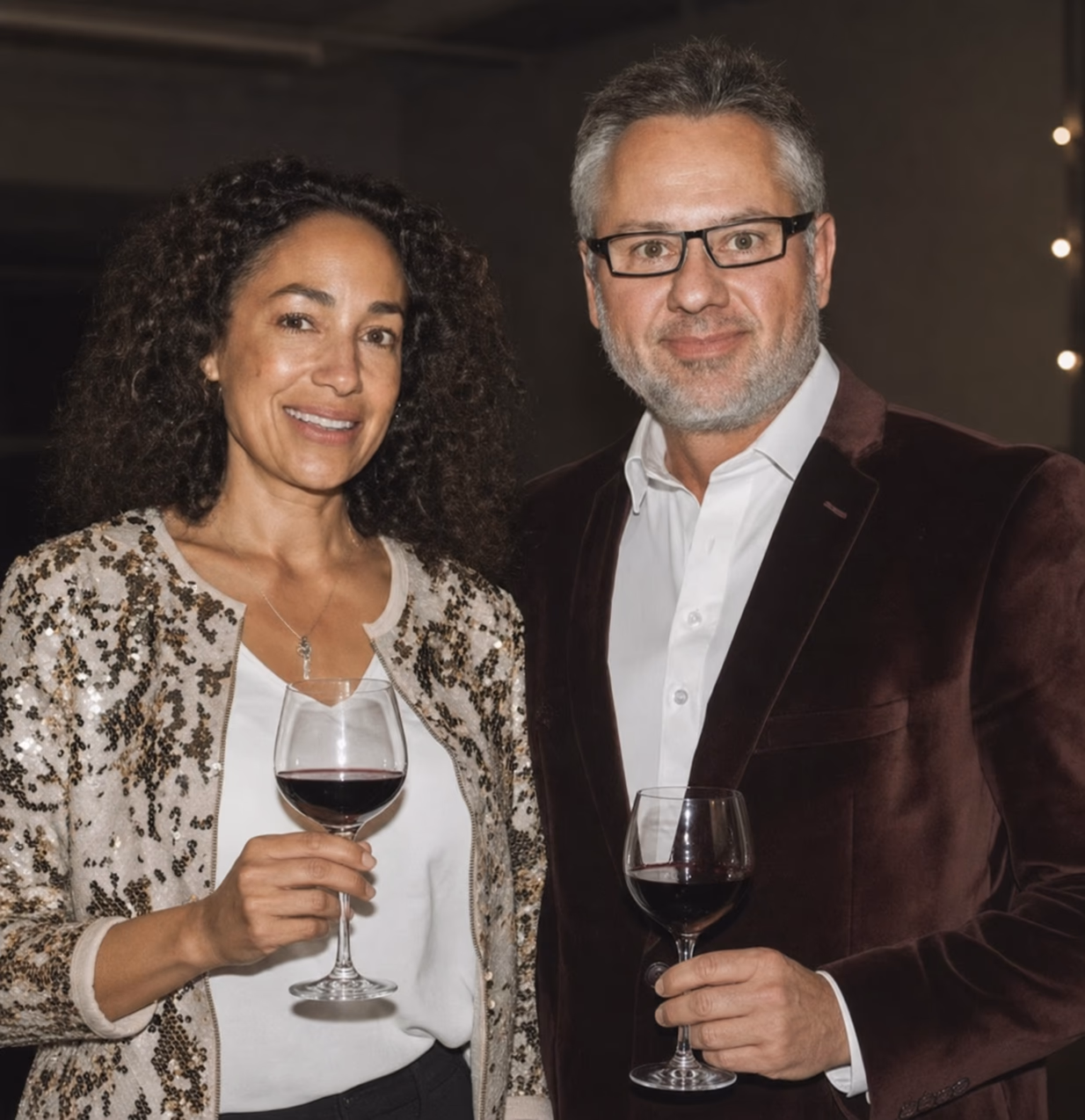 Jon-Michial and Catherine Carter holding glasses of red wine