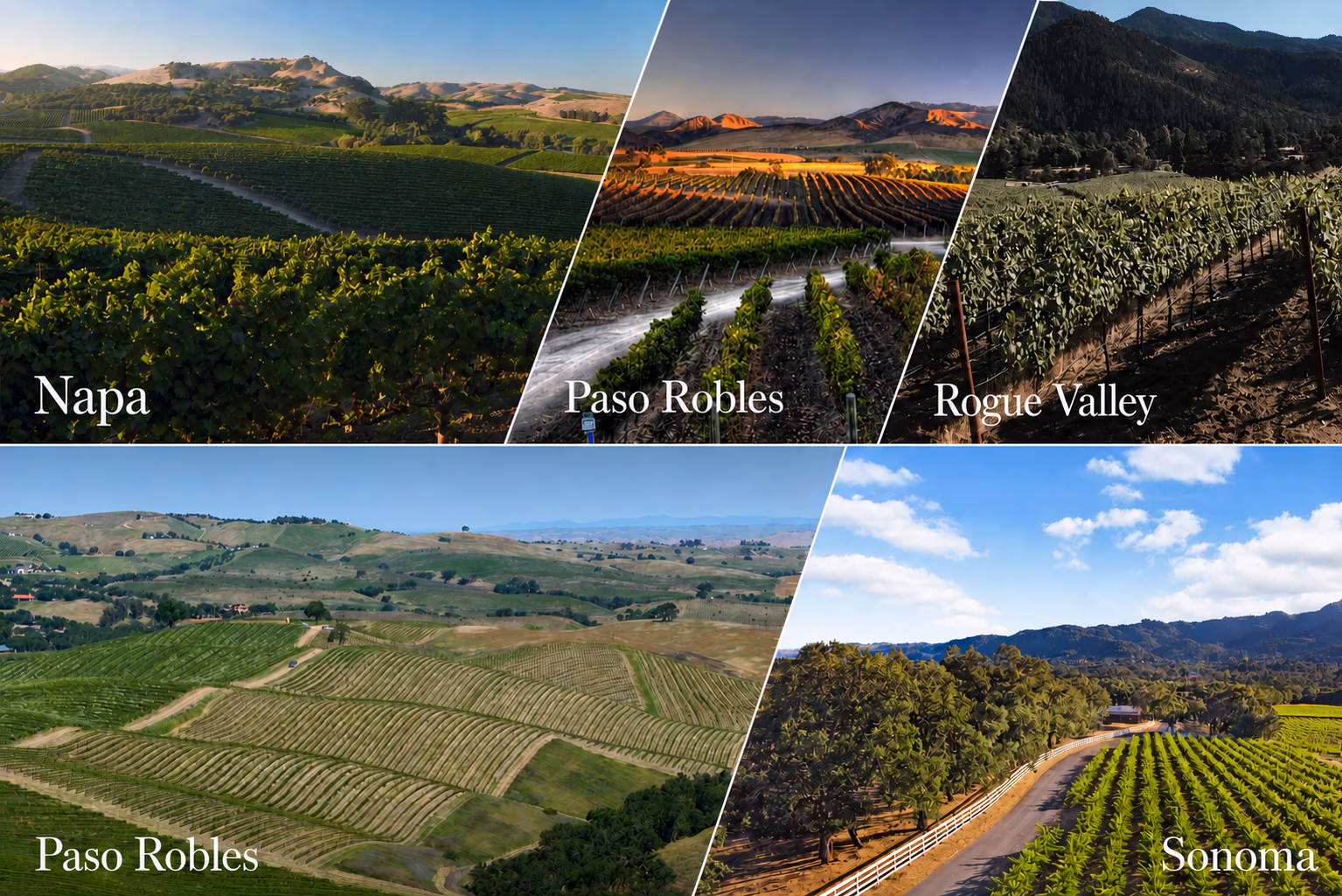 Vineyards across Napa, Paso Robles, Oregon's Rogue Valley, and Sonoma